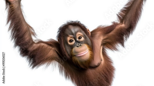 An orangutan captured mid-movement with its arms extended, set against a clean white backdrop, highlighting its strength and natural habitat behavior. photo