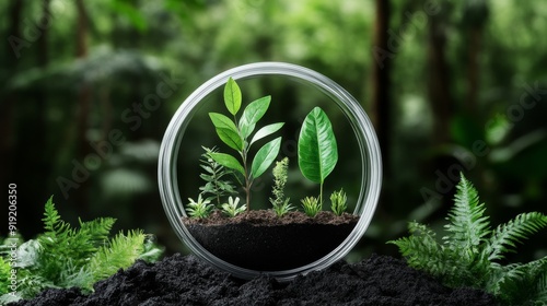 Three different plants thriving within a glass container, set against a natural backdrop, portraying growth, biodiversity, and the beauty of greenhouse cultivation. photo