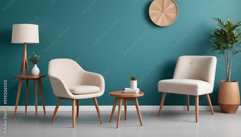 Obraz premium A modern living room with a teal green wall, a round white mirror, a wooden side table with a vase of flowers, and a beige upholstered chair and ottoman