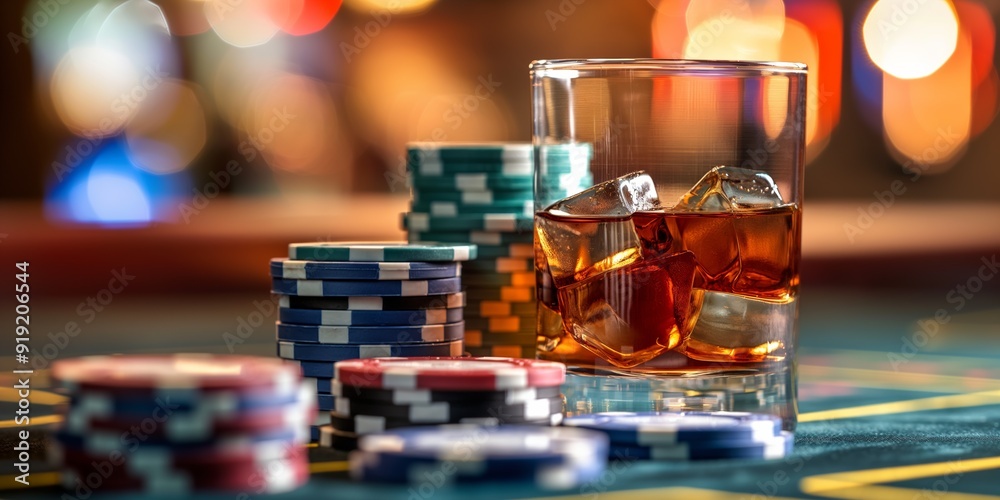 A glass of liquor sits on a table with a pile of poker chips. The chips are red, blue, and green, and they are scattered around the glass. The scene suggests a casual, relaxed atmosphere A glass of liquor sits on a table with a pile of poker chips. The chips are red, blue, and green, and they are scattered around the glass. The scene suggests a casual, relaxed atmosphere