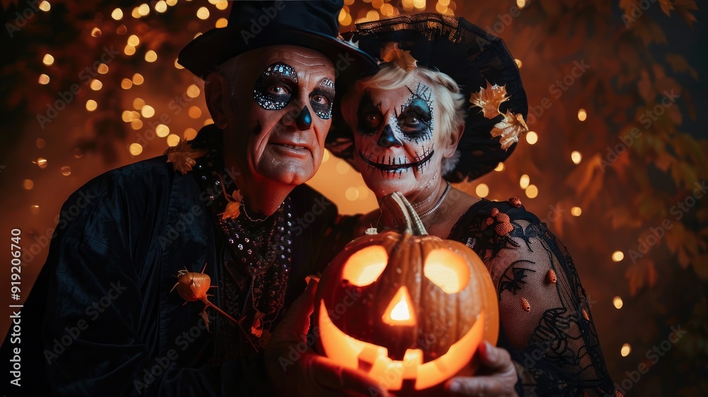Fototapeta premium Old couple holding jack o lantern in Halloween lightning lights background