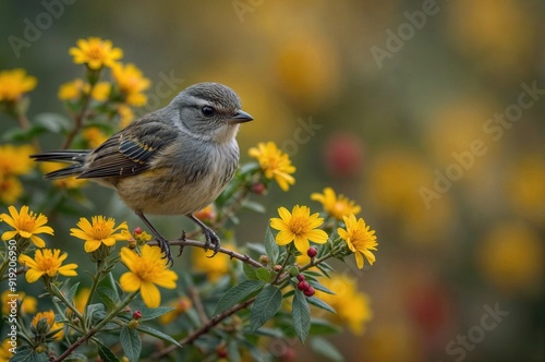 A small bird with a yellow underbelly and grayish wings perches on vibrant yellow flowers and berries. The background is a soft blur of warm tones photo