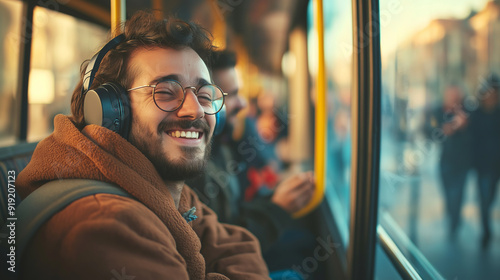 Cheerful man enjoying music and having fun while riding, happy commuter experiencing digital tunes, joyful transit moment with mobile audio, positive travel experience photo