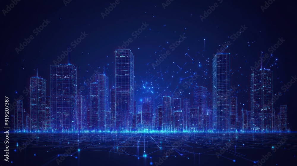 Building skycraper automation with computer board illustration. Isolated on a dark blue background. Plexus points and lines Building skycraper automation with computer board illustration. Isolated on a dark blue background. Plexus points and lines