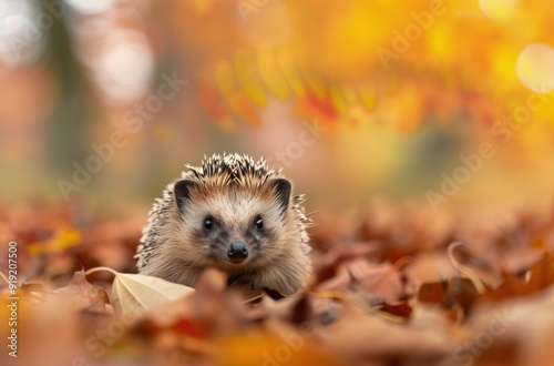 Hedgehog Foraging Among Autumn Leaves in a Forest Clearing