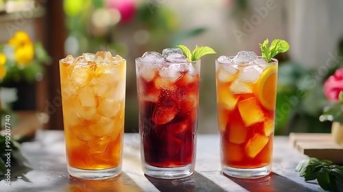 Three Glasses of Iced Tea with Ice and Mint