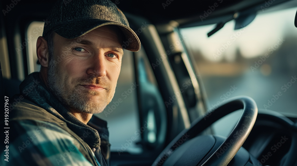 Happy professional truck driver driving his truck, cheerful trucker enjoying the road, positive experience behind the wheel, joyful moment in transportation