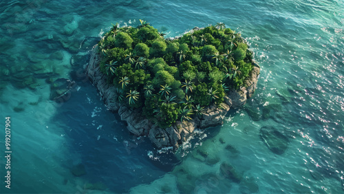 Heart Shaped Tropical Island in the Ocean Top View Watercolour Background Illustration Aerial View Exotic Island Heart Shape Turquoise Water Lush Greenery Scenic Paradise