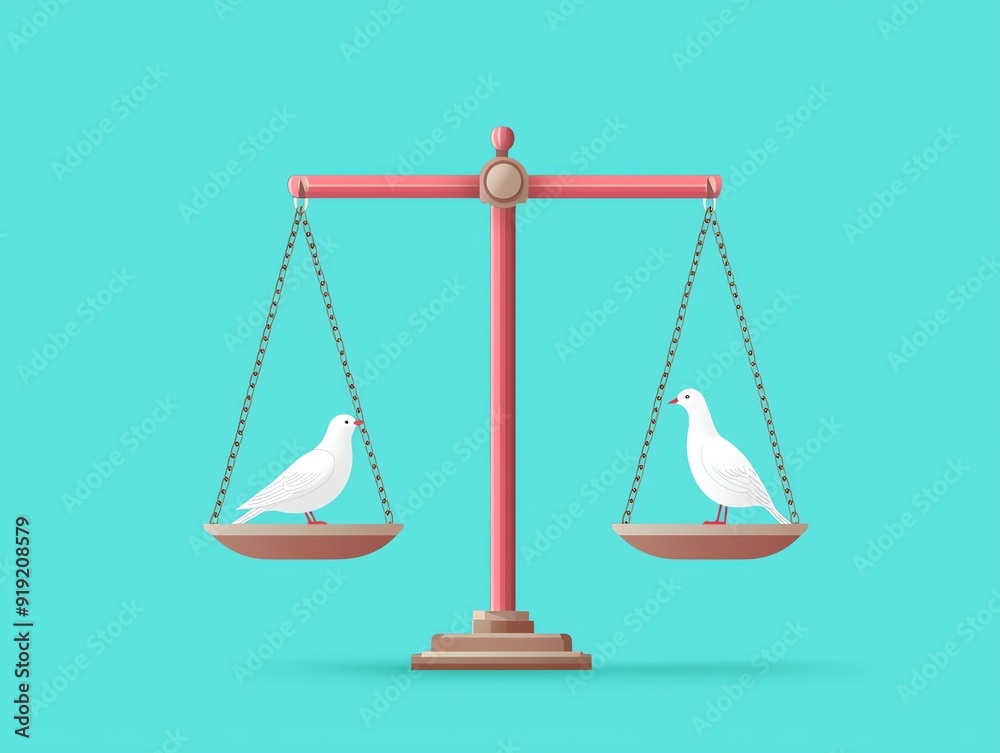 Stylish illustration of balance scale with white doves representing peace, justice, and harmony against a vibrant blue background. Stylish illustration of balance scale with white doves representing peace, justice, and harmony against a vibrant blue background.
