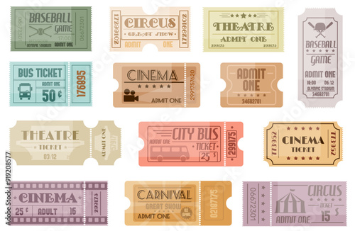 Vintage event tickets templates. Retro coupons. Old paper vouchers. Entrance passes to cinema or theater. Sport competitions and games access labels. Concert entry flyers vector set