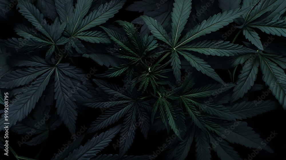 Marijuana leaves on a black background, close up top view on cannabis leaves and branches on black background for alternative medical and marketing design concept Marijuana leaves on a black background, close up top view on cannabis leaves and branches on black background for alternative medical and marketing design concept