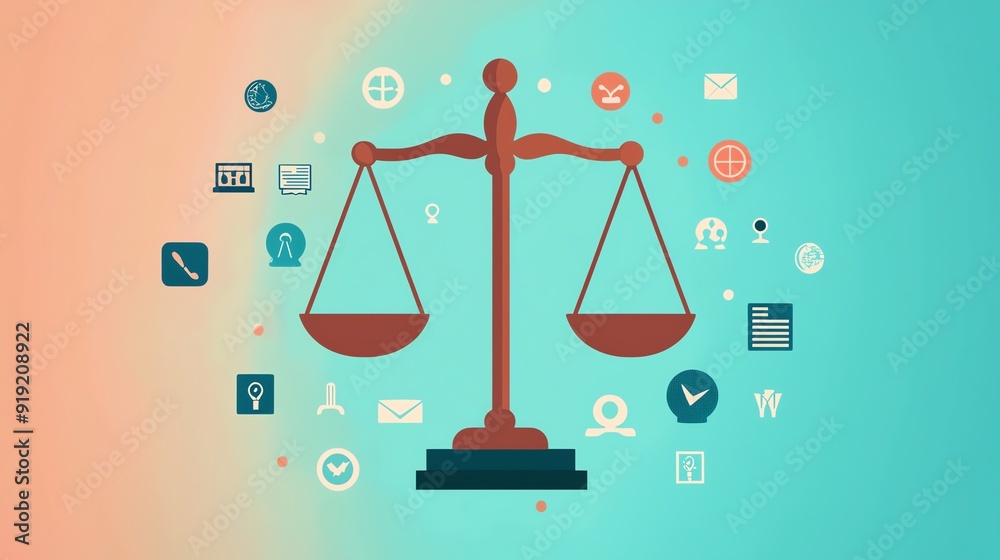 A creative representation of justice featuring a balanced scale surrounded by various legal and communication icons. A creative representation of justice featuring a balanced scale surrounded by various legal and communication icons.