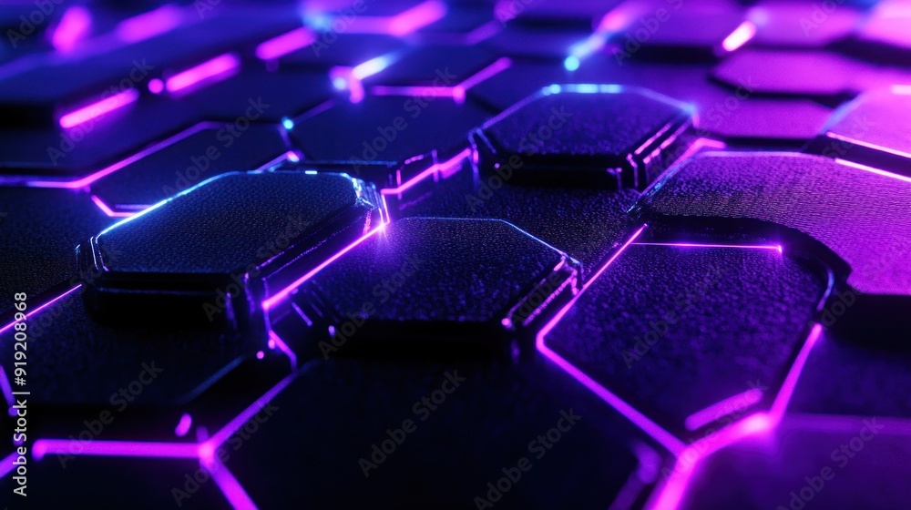 technology background, Abstract futuristic close-up of hexagonal patterns with neon lights in purple and blue technology background, Abstract futuristic close-up of hexagonal patterns with neon lights in purple and blue