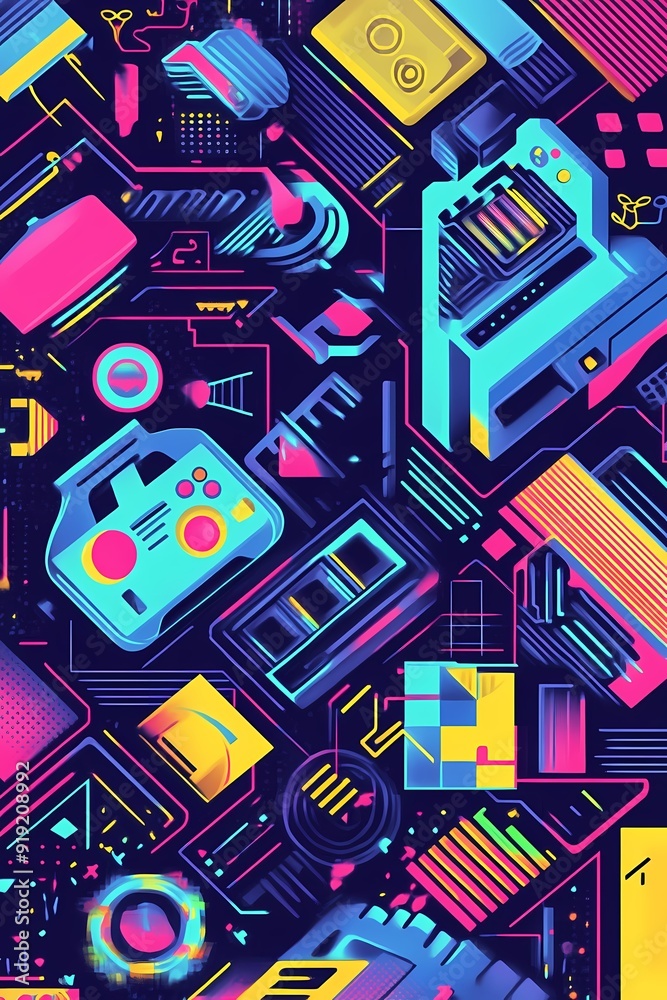 Colorful retro tech illustration with a joystick, cassette tapes and circuit boards. Colorful retro tech illustration with a joystick, cassette tapes and circuit boards.