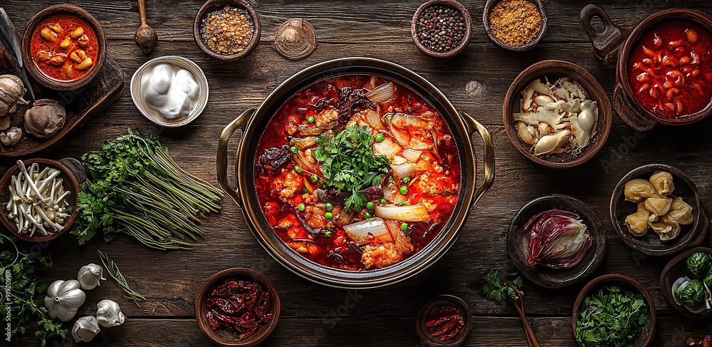 An overhead shot of a traditional Sichuan hot pot arranged on a rustic wooden table, showcasing the vibrant ingredients and rich culinary tradition. An overhead shot of a traditional Sichuan hot pot arranged on a rustic wooden table, showcasing the vibrant ingredients and rich culinary tradition.