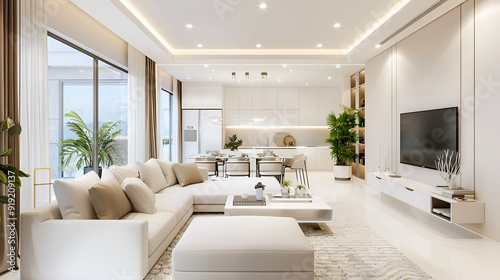 Beautiful, light-filled living room with calming white and beige decor