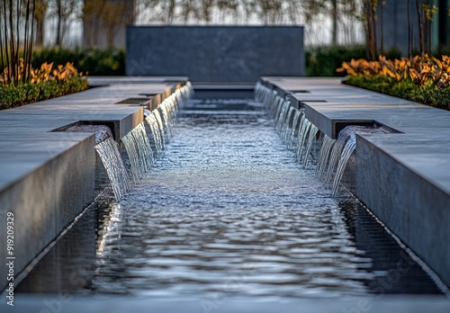 Wallpaper Mural An elegant, modern water feature with smooth stone surfaces and gentle streams of water trickling down into a sleek reflecting pool Torontodigital.ca