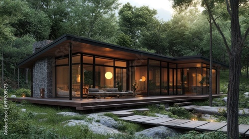 Modern glass house nestled in a serene forest, featuring large windows, minimalist design, a wooden deck, and natural stone accents blending with the landscape.