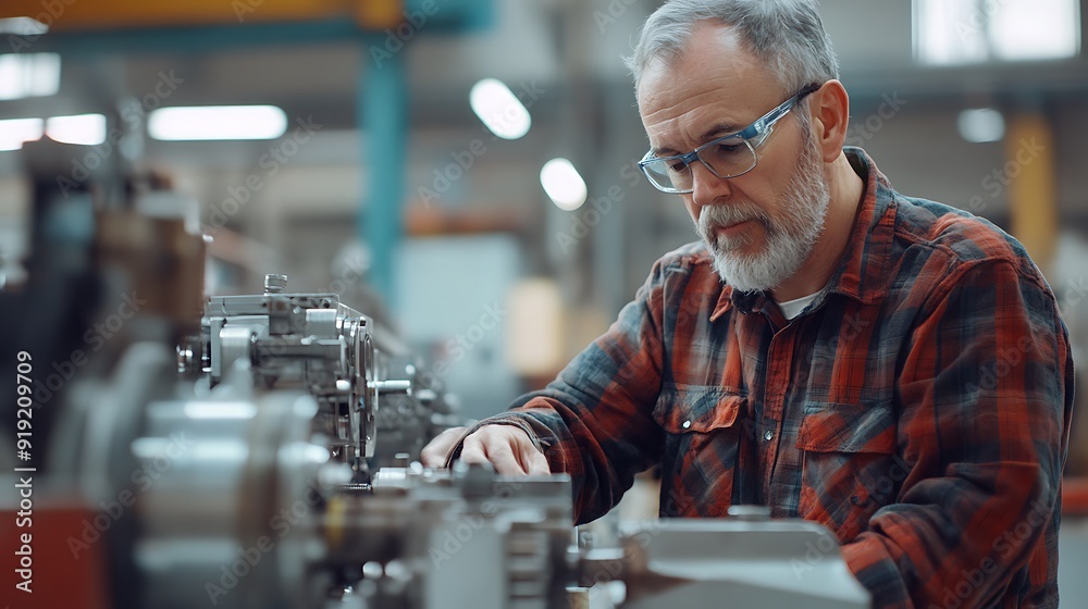 Focused Engineer Working on Complex Machinery Focused Engineer Working on Complex Machinery