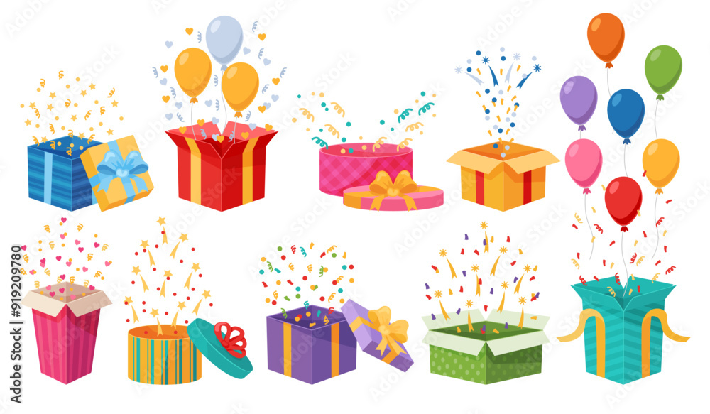 Surprise boxes with confetti. Sudden joy. Birthday celebration. Holiday gifts in decorative wrappers. Prize opening. Festive balloons. Anniversary party elements. Recent vector set Surprise boxes with confetti. Sudden joy. Birthday celebration. Holiday gifts in decorative wrappers. Prize opening. Festive balloons. Anniversary party elements. Recent vector set