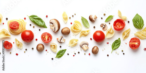 An array of Italian pasta ingredients--cherry tomatoes, mushrooms, basil, and more--arranged atop a clean white background, offers a rich and flavorful copy space image