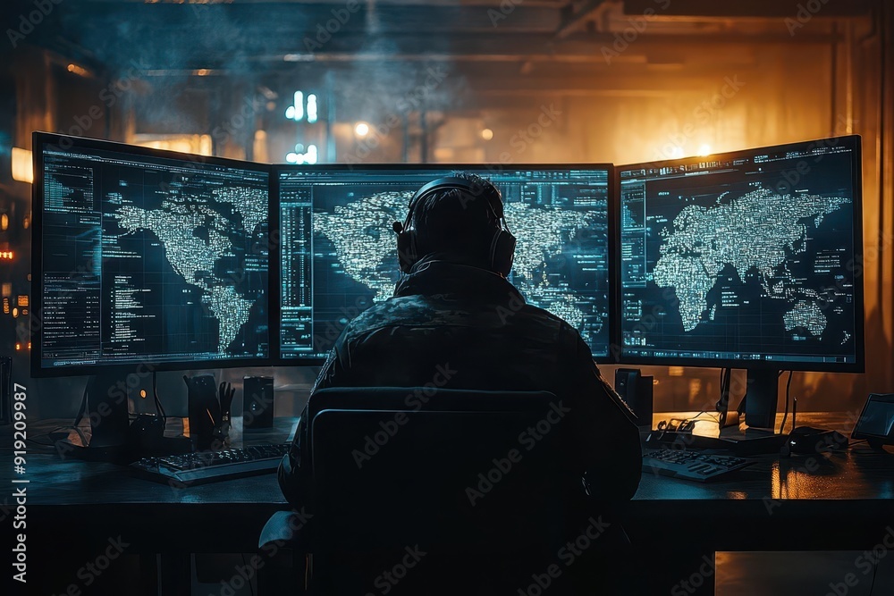 hightech military command center with soldier analyzing holographic maps futuristic screens display realtime data amidst dim lighting and tense atmosphere hightech military command center with soldier analyzing holographic maps futuristic screens display realtime data amidst dim lighting and tense atmosphere