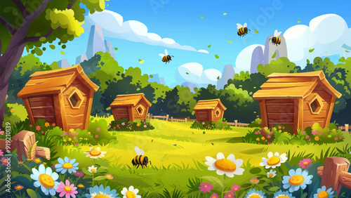 Honey Bee Farm with Wooden Hives on a Meadow Cartoon Environment Illustration Beekeeping Wooden Hives Meadow Flowers Pollination Farm Scene Rural Setting