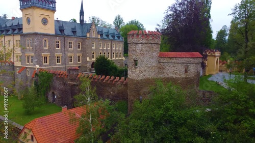 Zruc nad Sazavou Castle Czech Republic with vibrant grassy lawns during an overcast spring day, aerial photo