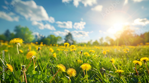 Lovely, bright picture of spring flowers and fresh grass in the natural world