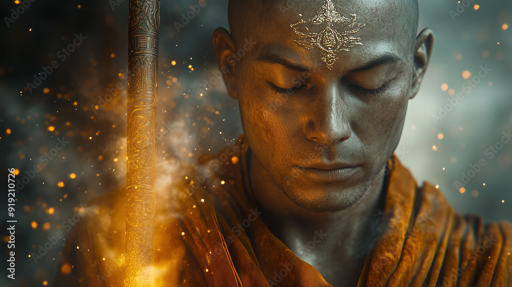 Monk In Meditation Holding Ornate Staff In Ethereal Glow Surrounded By Floating Embers