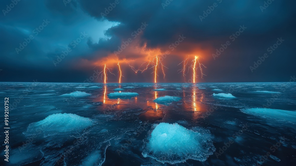 Fototapeta premium Lightning storm over a frozen tundra with bolts reflecting off the ice