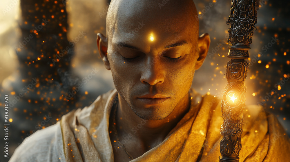 Serene Monk In Golden Robes Holding Mystical Staff Radiating Sacred Light Serene Monk In Golden Robes Holding Mystical Staff Radiating Sacred Light