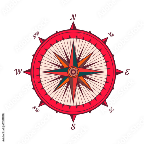 Vintage marine wind rose, nautical chart. Colorful navigational compass with cardinal directions of North, East, South, West. Geographical position, cartography and navigation. Vector illustration