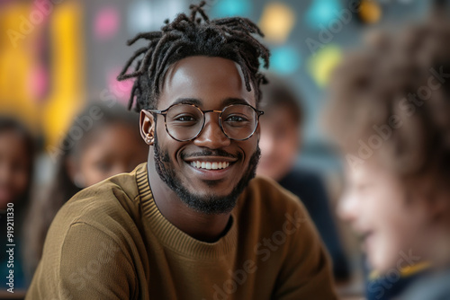 Diverse group of kids happily engaged in a colorful classroom with their cheerful teacher, creating a positive learning environment for back to school season