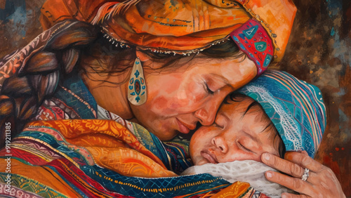Indian Mother Holding a Baby Acrylic on Canvas Illustration Traditional Clothing Warm Embrace Tender Moment Parent and Child Cultural Portrait Family Bonding Vibrant Colors