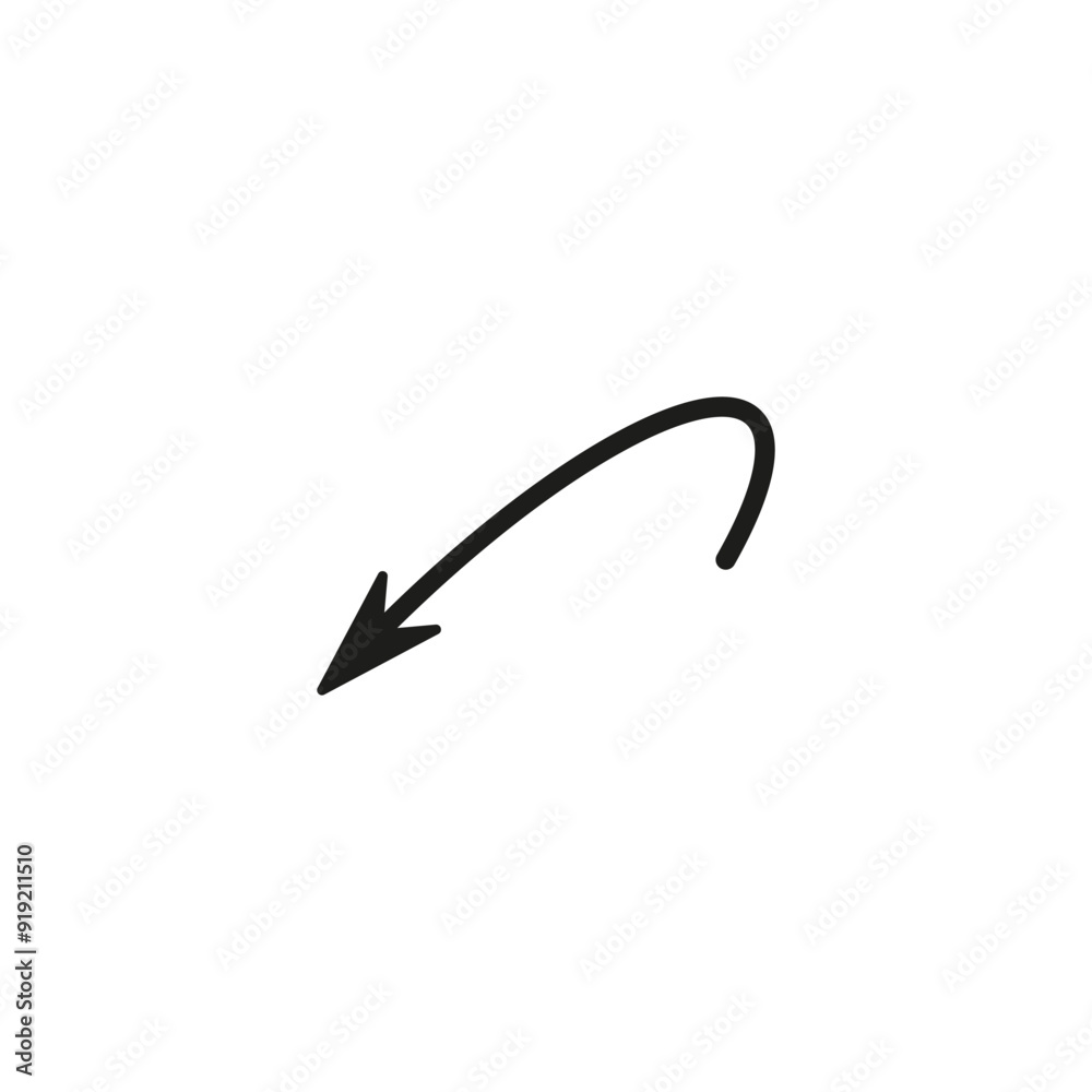 Semicircular thin arrow. Rounded curved shape. The semi circle arrow is moving and flies along a circular trajectory and path. Vector symbol. Isolated Illustration on white background. Semicircular thin arrow. Rounded curved shape. The semi circle arrow is moving and flies along a circular trajectory and path. Vector symbol. Isolated Illustration on white background.