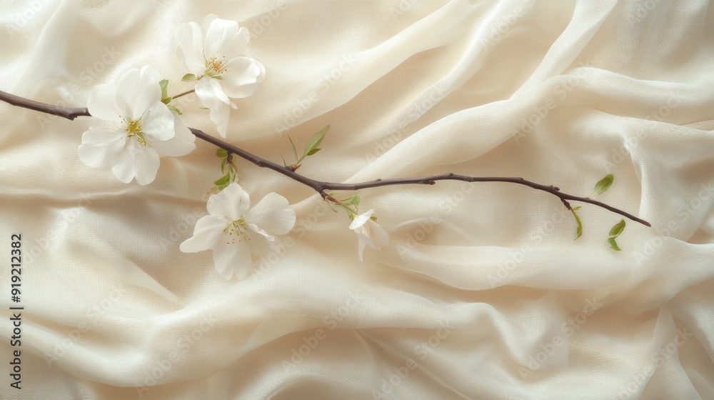 Delicate White Blossoms Resting on Creamy Fabric Delicate White Blossoms Resting on Creamy Fabric