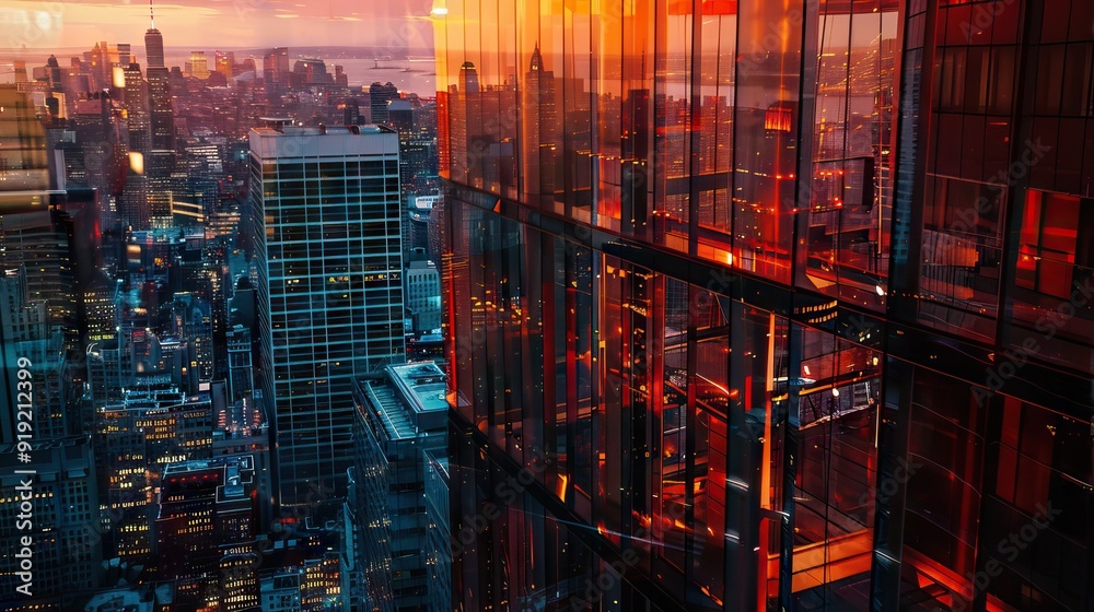 Modern glass skyscrapers against the sky at sunset. Bottom up view. AI generated illustration Modern glass skyscrapers against the sky at sunset. Bottom up view. AI generated illustration
