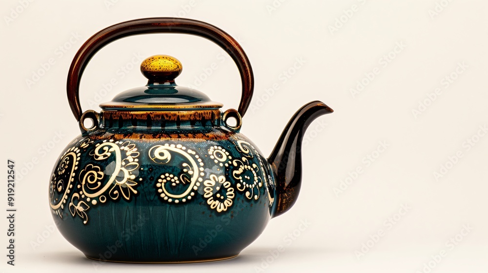 Hand-Painted Teal Kettle with Gold Accents