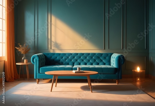 A sofa in a minimalist room with a green wall and natural light