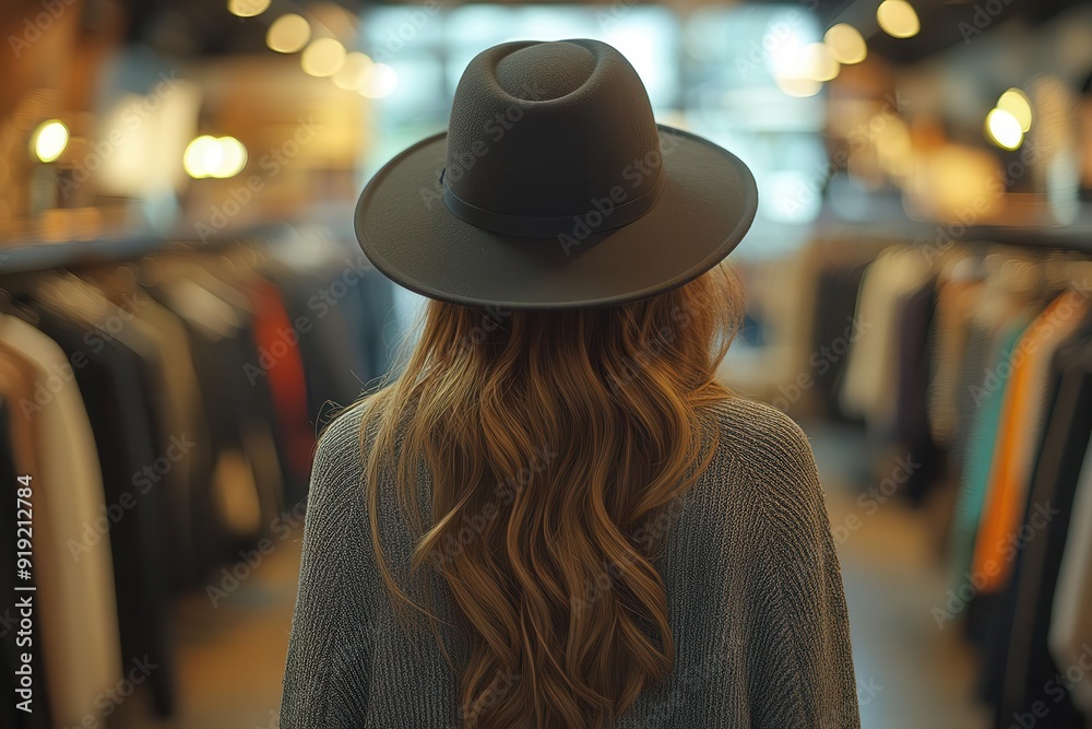 elegant woman in widebrimmed hat browsing highend boutique soft focus racks of designer clothing warm lighting luxurious shopping experience elegant woman in widebrimmed hat browsing highend boutique soft focus racks of designer clothing warm lighting luxurious shopping experience