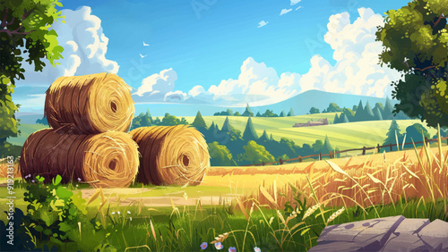 Large Rolls Of Hay In The Field Cartoon Environment Hay Bales Haystacks Field Landscape Farm Scene Harvest Season Cartoon Agriculture Rural Setting Rolling Fields Environment
