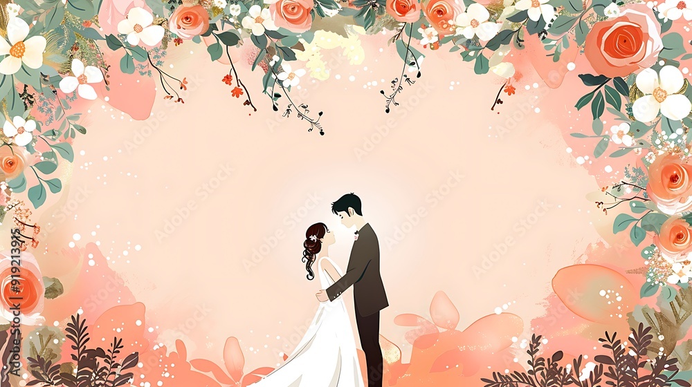 Romantic wedding card with a couple under an arch of flowers a copy space at the center for a personalized message Romantic wedding card with a couple under an arch of flowers a copy space at the center for a personalized message