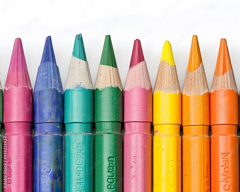 Colorful crayons lined up in a row showing vibrant hues. Ideal for art, creativity, and education-related concepts. Colorful crayons lined up in a row showing vibrant hues. Ideal for art, creativity, and education-related concepts.