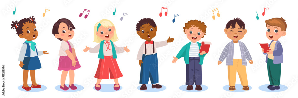Kids singers in choir. Cute children sing song. Little artists concert. Funny choristers and vocalists. Boys and girls with music notes sheets. Musical performance. Splendid vector set Kids singers in choir. Cute children sing song. Little artists concert. Funny choristers and vocalists. Boys and girls with music notes sheets. Musical performance. Splendid vector set
