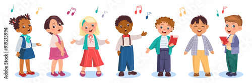 Kids singers in choir. Cute children sing song. Little artists concert. Funny choristers and vocalists. Boys and girls with music notes sheets. Musical performance. Splendid vector set
