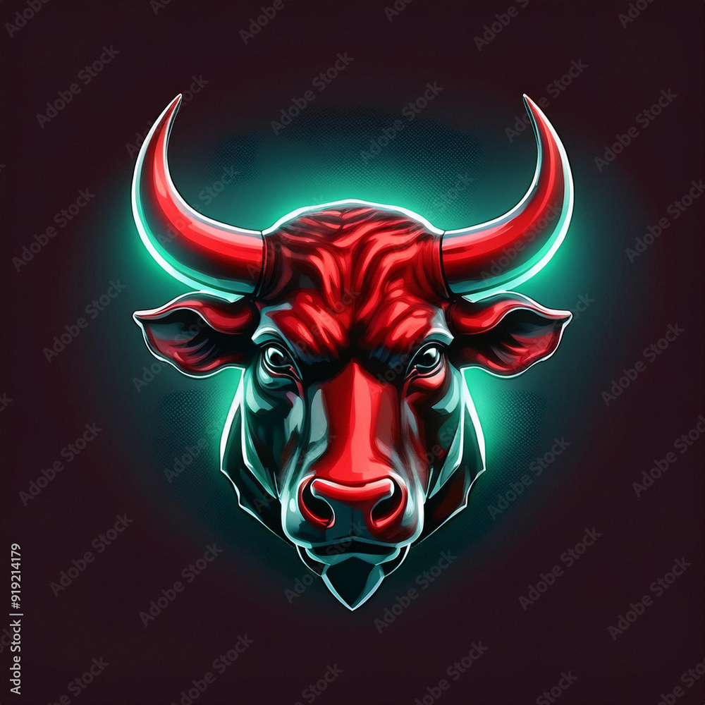 Bull trading face mascot red and green dark background. Bull trading face mascot red and green dark background.