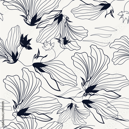 Abstract vector floral pattern with lined cosmos. Meadow plants, leaves, leaf...