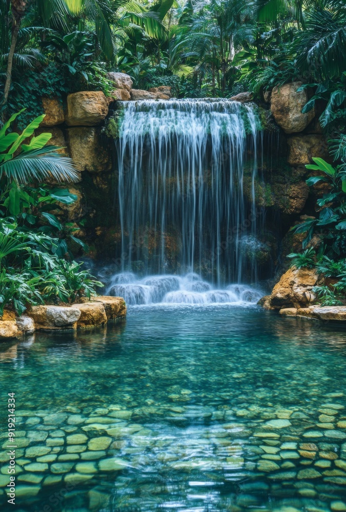 A grand cascading waterfall flowing into a crystal-clear pool, set within a private tropical garden, with lush greenery all around A grand cascading waterfall flowing into a crystal-clear pool, set within a private tropical garden, with lush greenery all around
