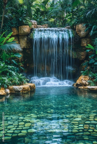 A grand cascading waterfall flowing into a crystal-clear pool, set within a private tropical garden, with lush greenery all around